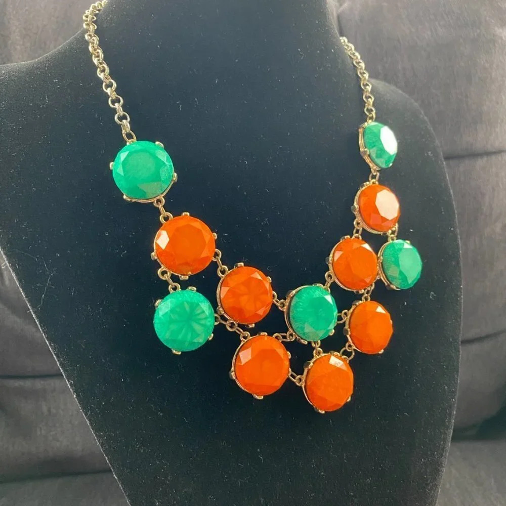 Bold Teal and Orange Statement Bib Necklace 20in Hexagonal Geometric Beads